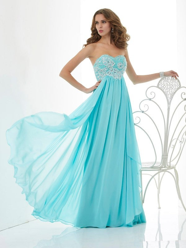 A-Line Chiffon Sweetheart Sleeveless Floor-Length With Beading Dresses