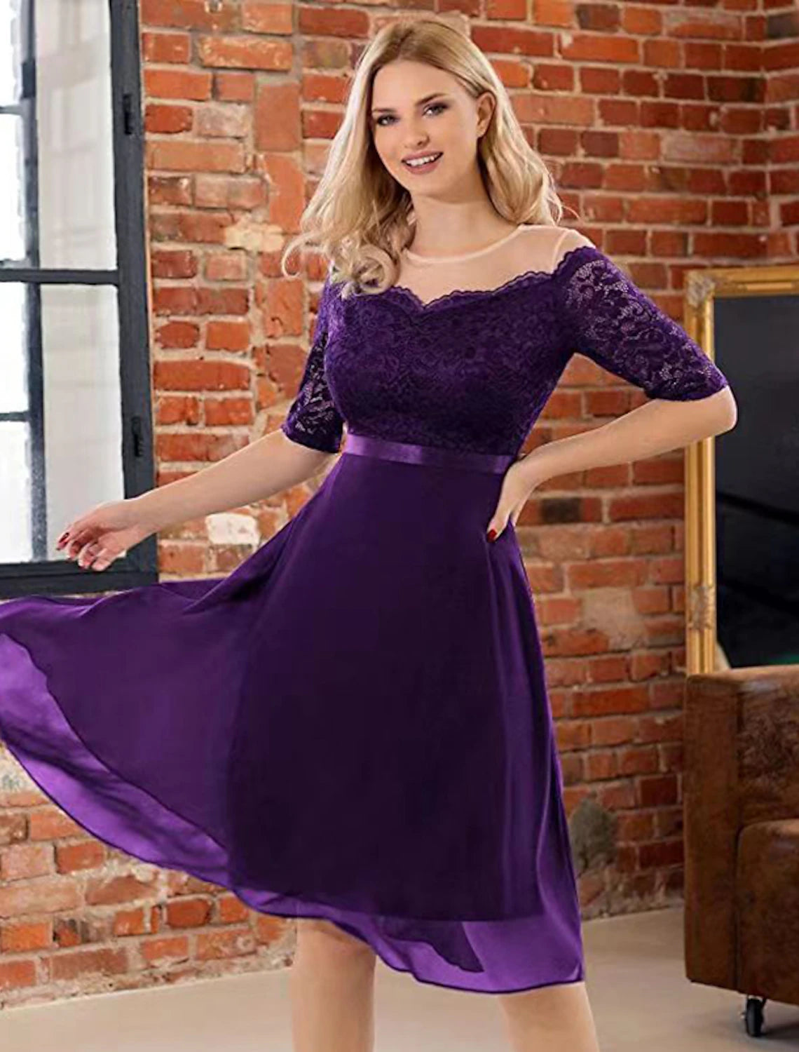 Vestidos de cóctel de corte A, vestido minimalista, vestido de fiesta, largo hasta la rodilla, media manga, cuello joya, encaje con pliegues