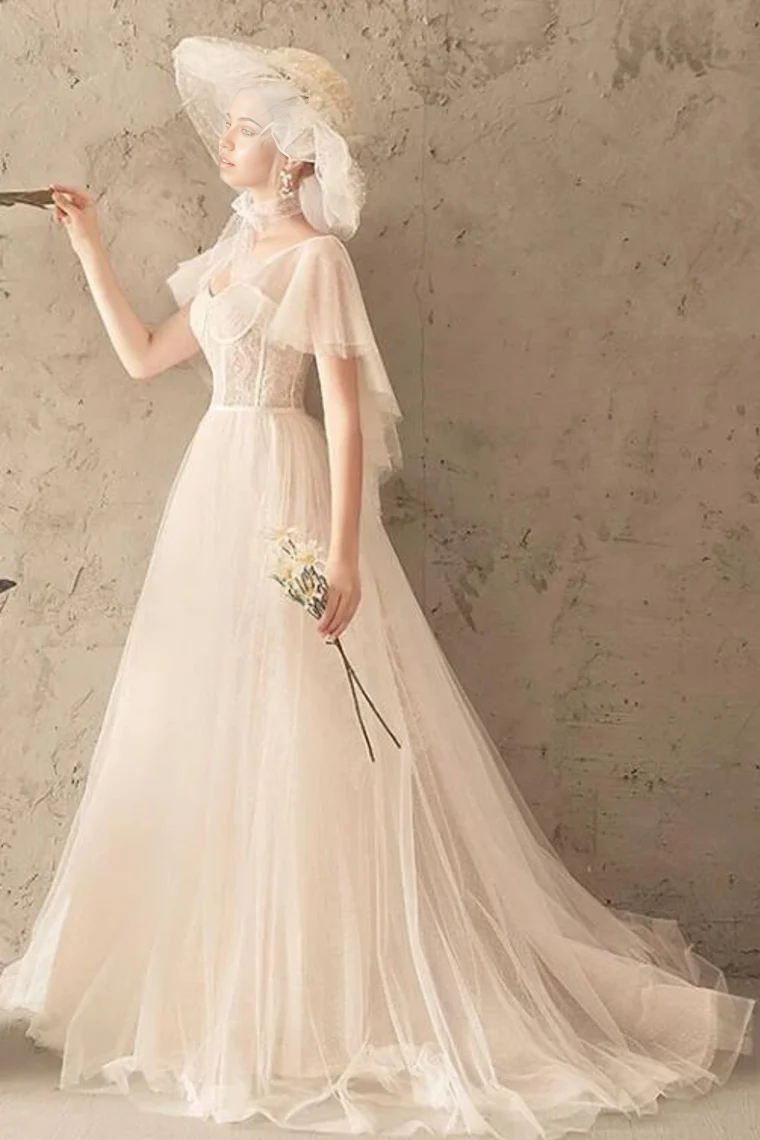 Unique A-line Tulle Lace Ivory Short Sleeves Lace Up Back Bridal Long Wedding Dress