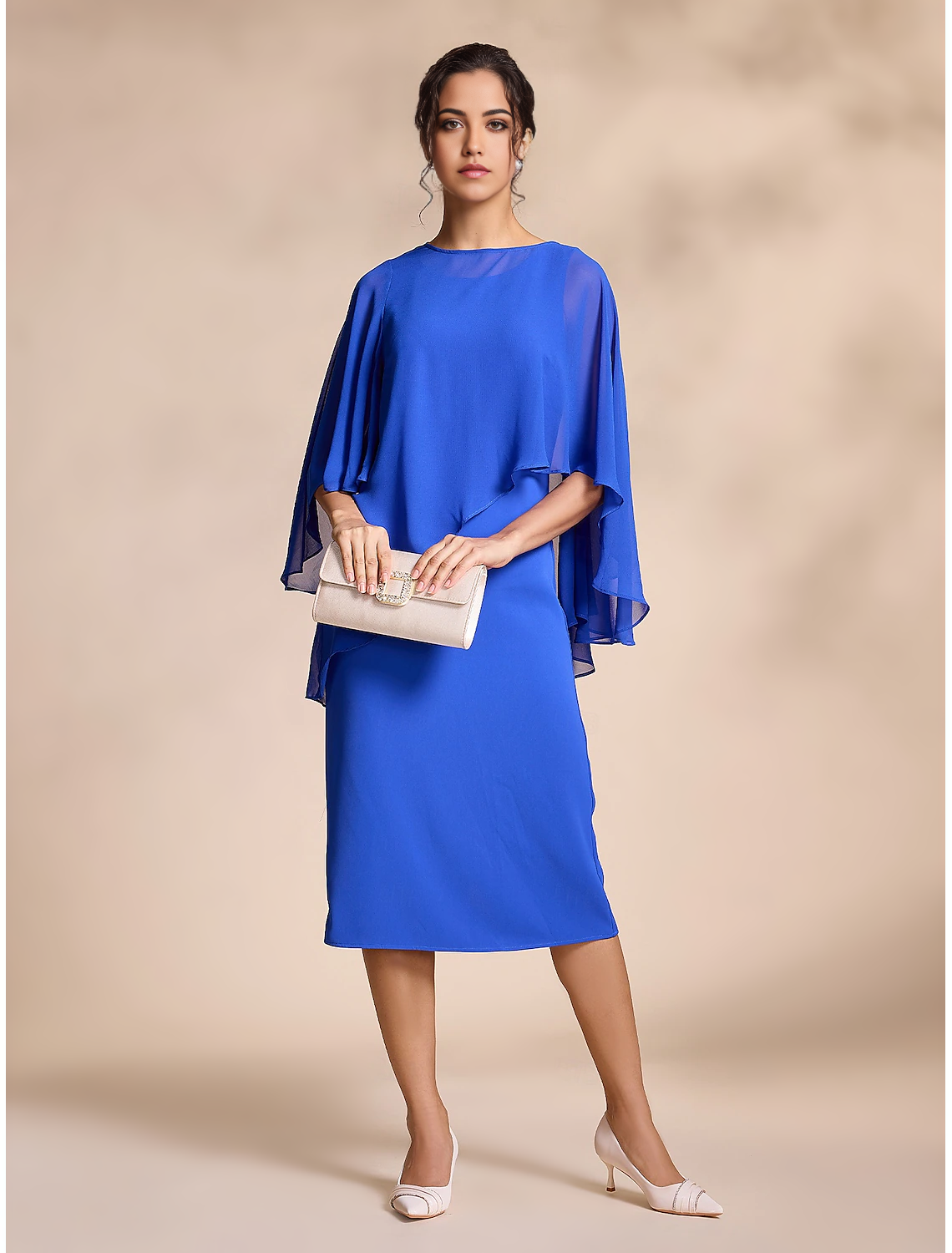 Two Piece Blue Chiffon Causal Round Sleeve Midi Mother of the Bride Dress dress to impress