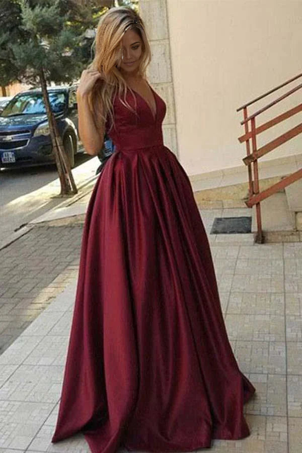 A-line Floor Length Simple V Neck Long Prom Dress Evening Dresses