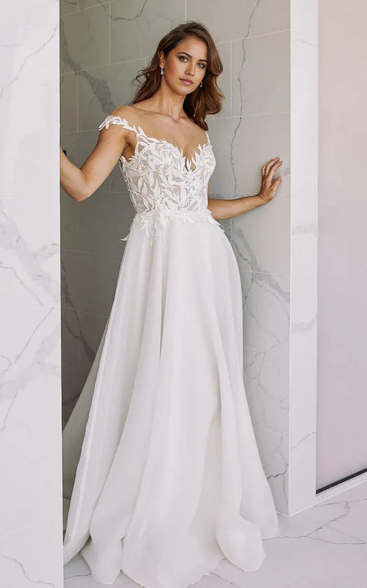 A-Linie V-Ausschnitt Bodenlanges Chiffon-Brautkleid mit Applikationen