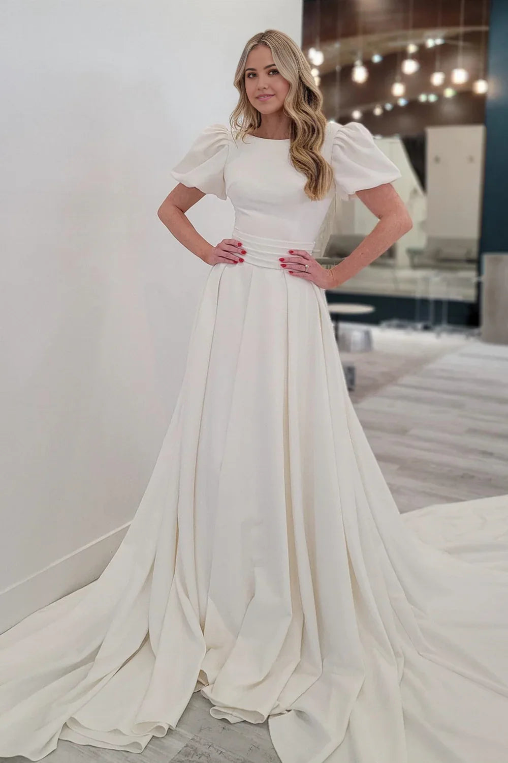 A-line Puff Sleeves Satin Sweeping Long Wedding Dress