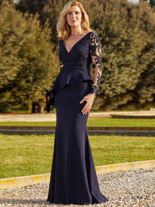 Sheath/Column Stretch Crepe Applique V-neck Long Sleeves Floor-Length Mother of the Bride Dresses