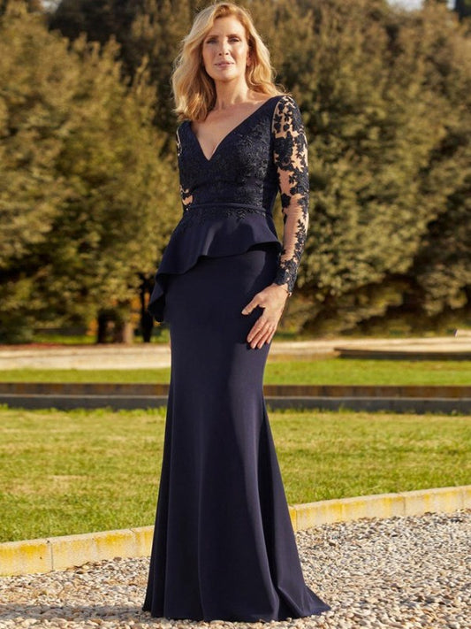 Sheath/Column Stretch Crepe Applique V-neck Long Sleeves Floor-Length Mother of the Bride Dresses
