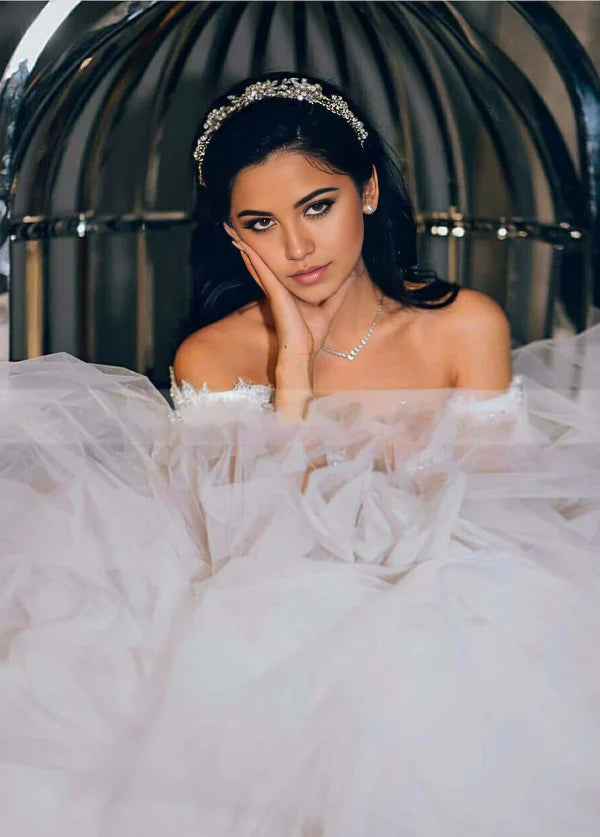 A-line Off-the-Shoulder Sleeveless Beading Ball Gown Wedding Dress with Train