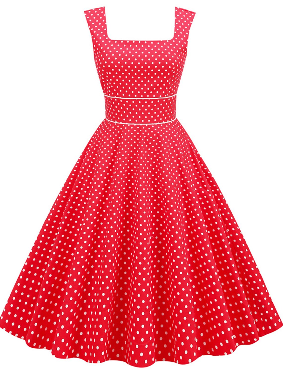 Vestido de fiesta de corte A, estilo vintage, largo hasta la rodilla, sin mangas, escote cuadrado, licra, con pliegues