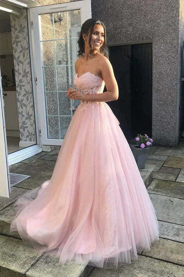 A-line Tulle Lace Sweetheart Prom Dresses Long Formal Dresses
