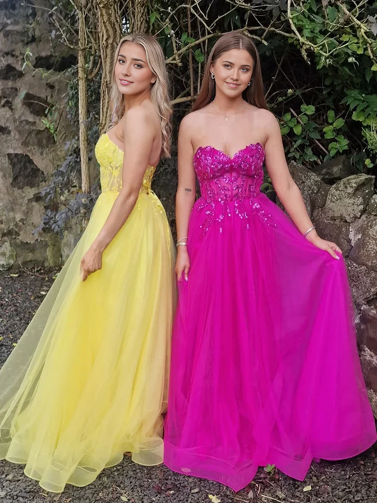 A-Linie Pailletten Fuchsia/Gelb Spitze Lange Ballkleider Formelle Abend-Abschlusskleider 