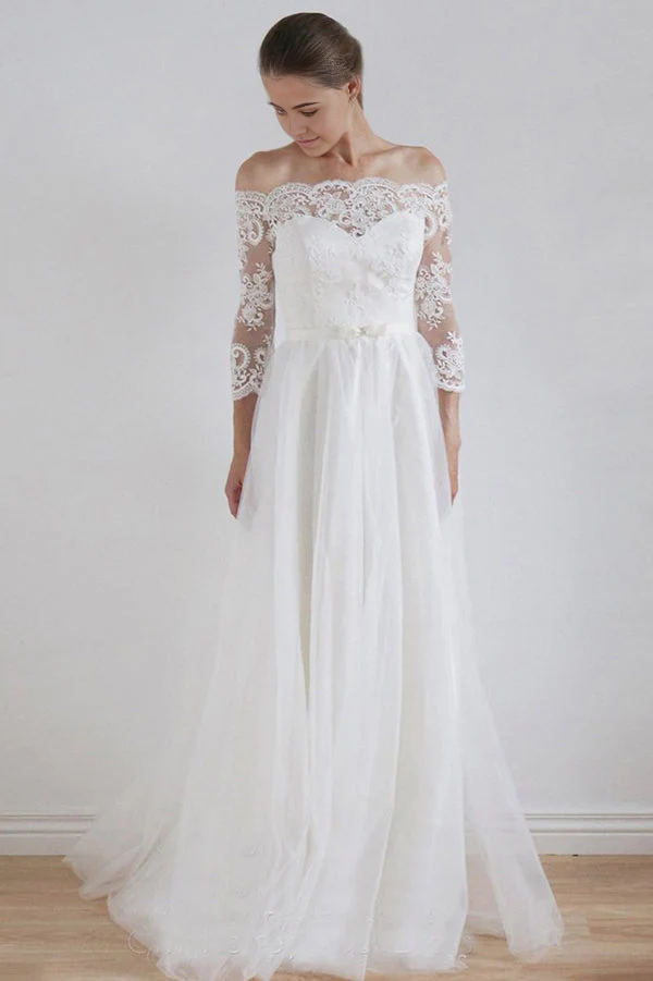 A-line Off the Shoulder Elegant Lace Appliques Long Sleeves Wedding Dresses