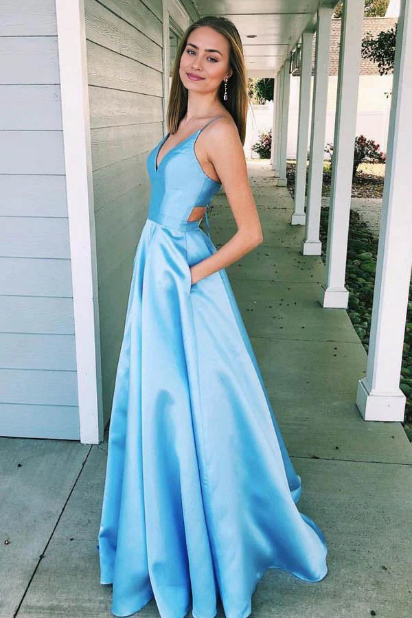 A Line Spaghetti Straps Satin Pockets Party Gowns Prom Dress