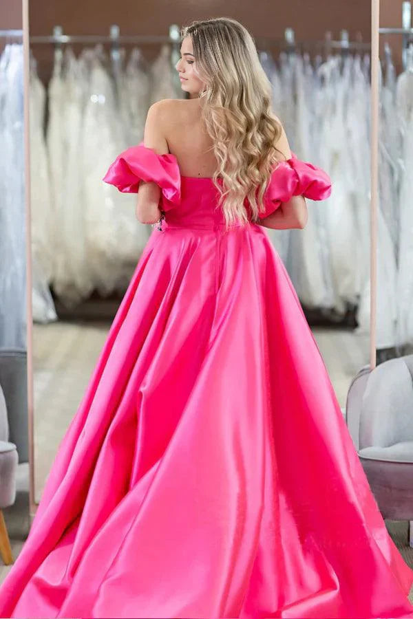 Simple Off The Shoulder Hot Pink Puff Sleeves Prom Evening Dresses