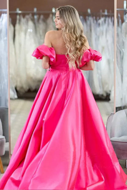 Simple Off The Shoulder Hot Pink Puff Sleeves Prom Evening Dresses