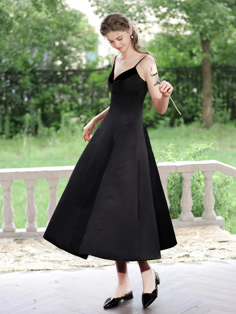 A Line V Neck Tea Length Satin Black Prom Dresses Formal Evening Homecoming Dresses