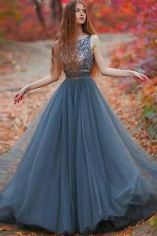 A-line Backless Tulle Long Prom Dresses Evening Dress