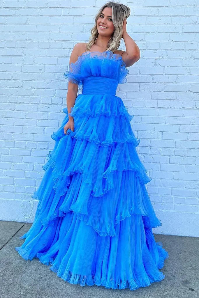 A Line Strapless Charming Long Prom Dress with Ruffles