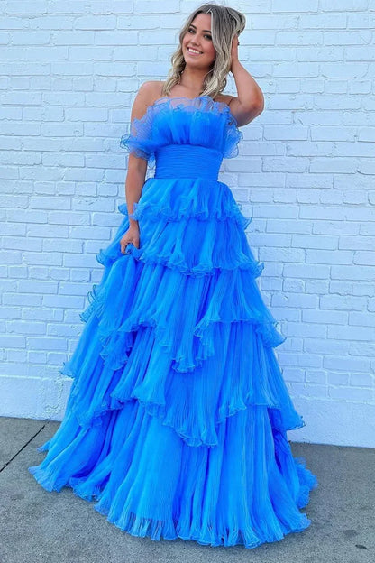 A Line Strapless Charming Long Prom Dress with Ruffles