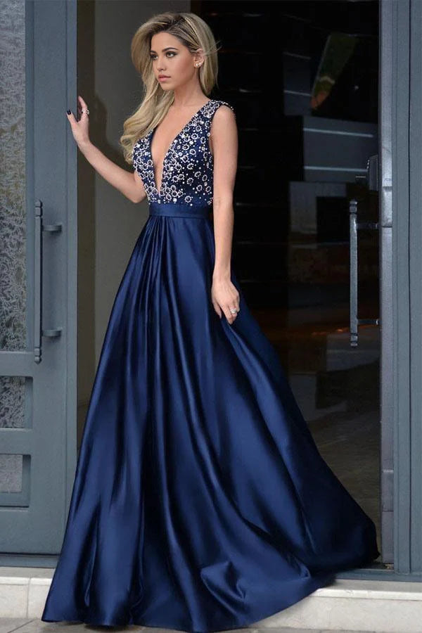 A-Linie V-Ausschnitt Königsblau Satin Perlenbesetzte Abendkleider Abendkleid Ballkleider mit Sweep-Schleppe 