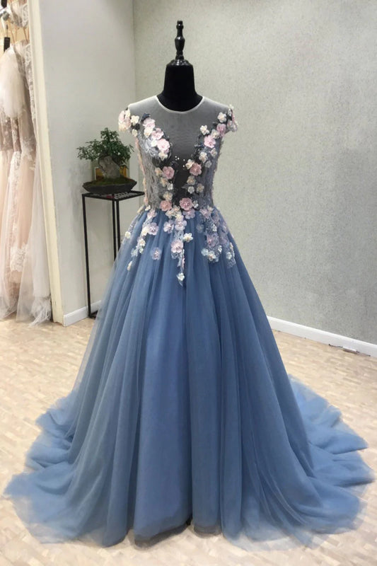 Round neck tulle lace applique long prom dress
