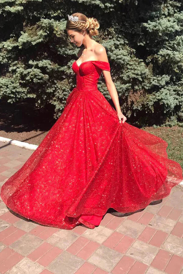 A-line Off Shoulder Sparkly Tulle Long Prom Dresses Evening Dresses