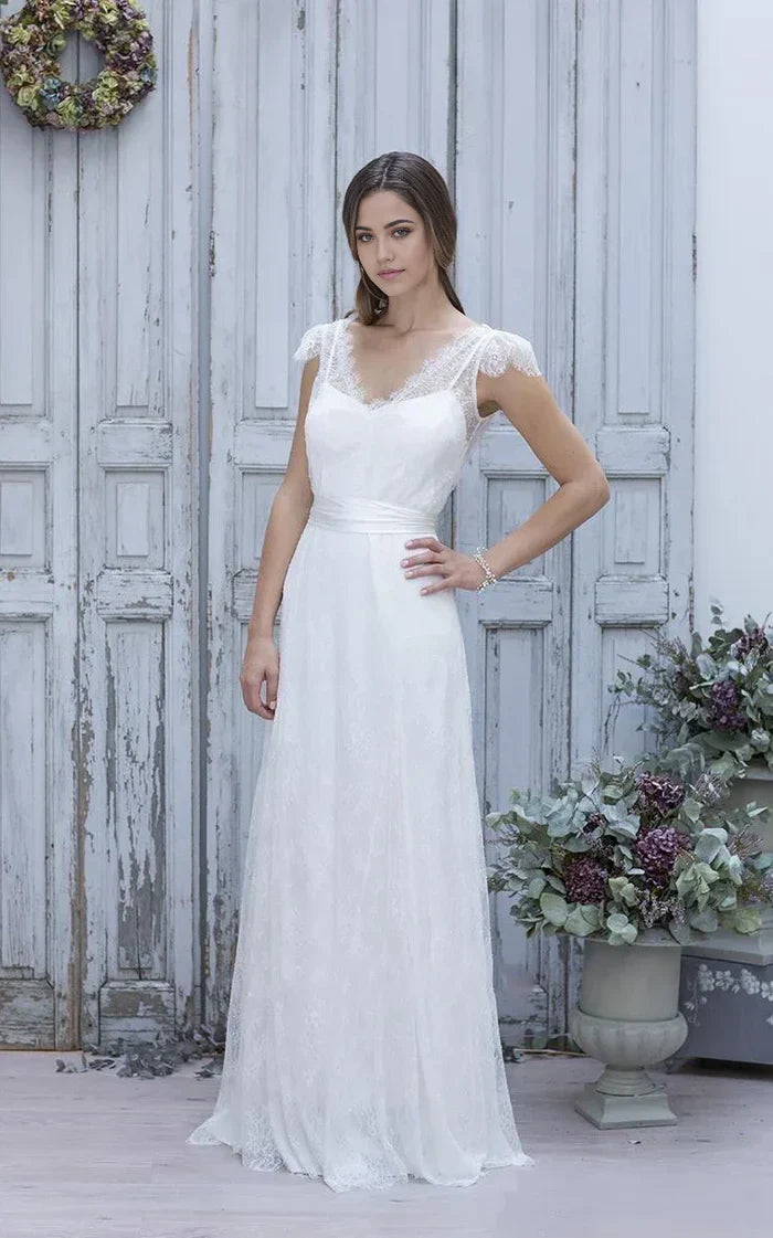 A-Line V-Neck Tulle Lace Short Cap Sleeves Backless Wedding Dress