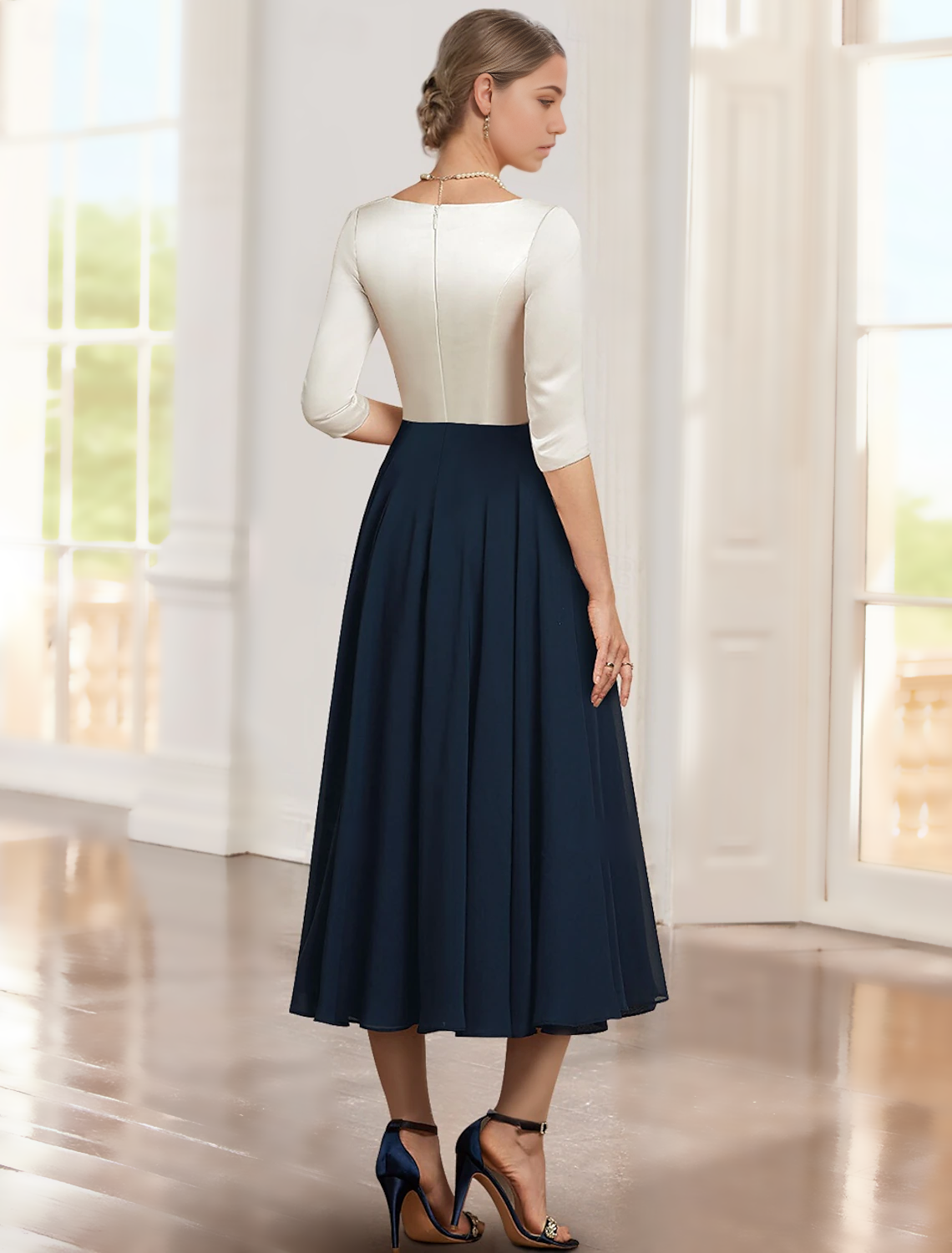 Dress Mother of the Bride Dress Elegant V Neck Tea Length Chiffon Satin Cap Sleeve Jacket Dresses with Lace Color Block