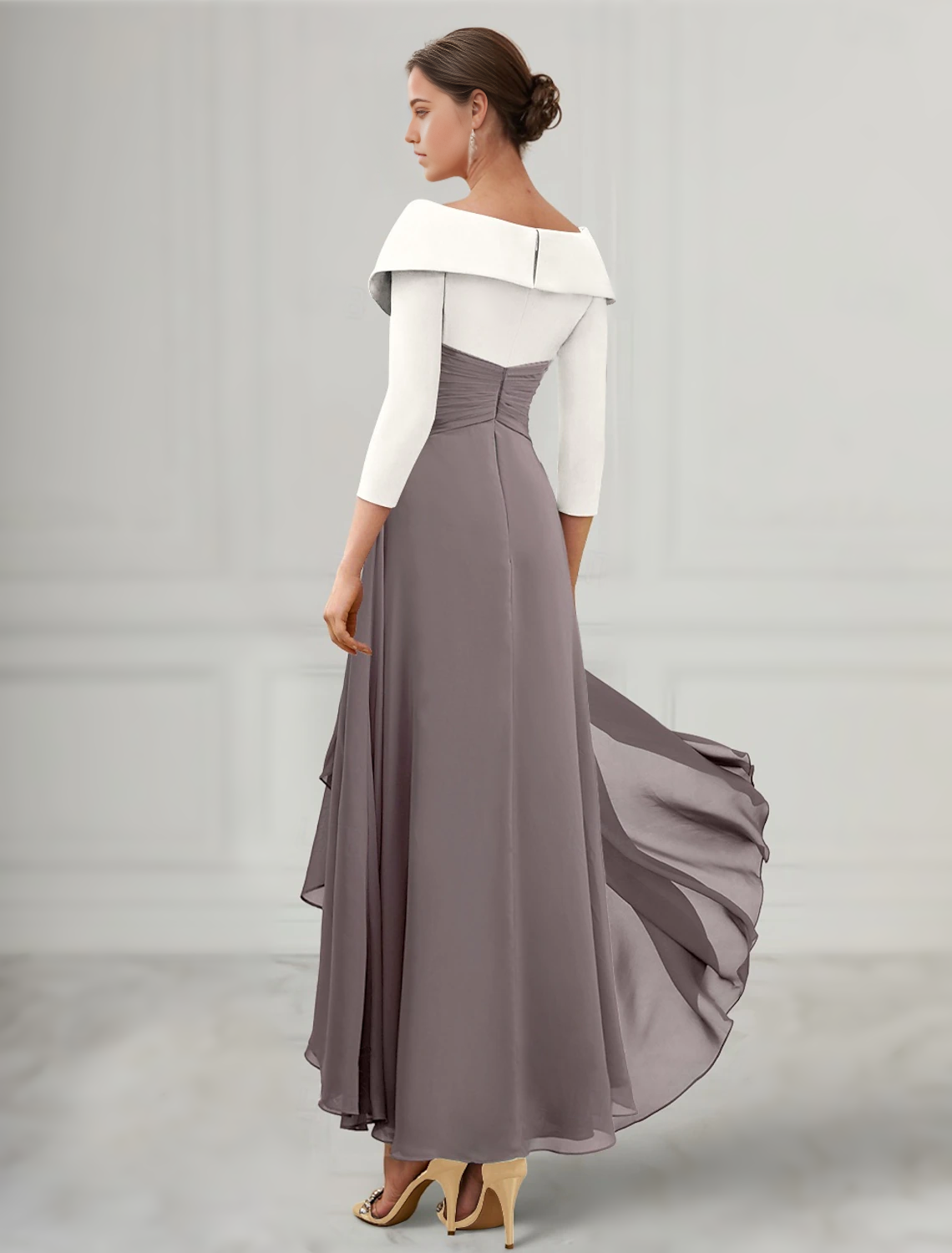 A-Line Mother of the Bride Dress Elegant V Neck Asymmetrical Ankle Length Chiffon 3/4 Length Sleeve with Pleats