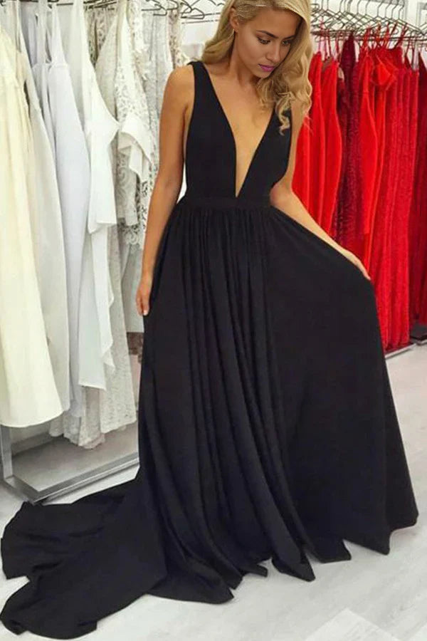 A-line Deep V-neck Open Back Satin Long Prom Dresses with Straps