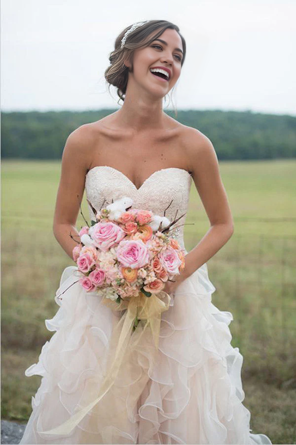 A-line Elegant Lace Up Backless Court Train Sweetheart Lace Wedding Dresses