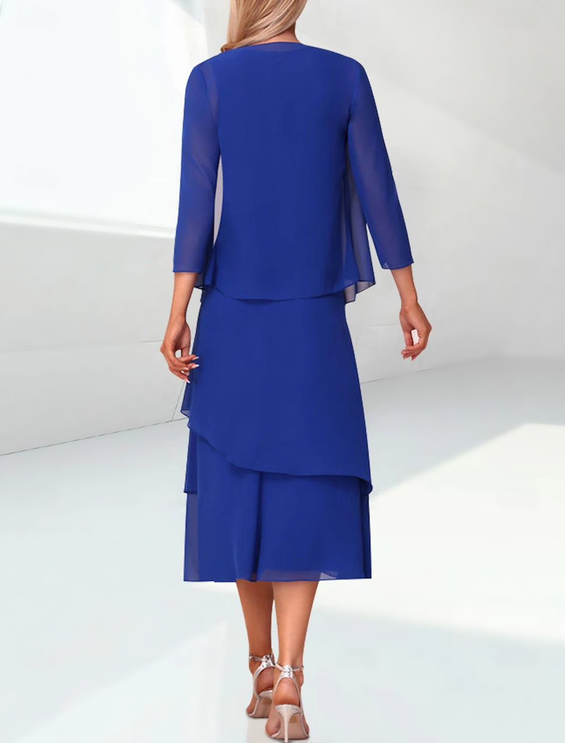 Sheath / Column Mother of the Bride Dress Elegant Jewel Neck Tea Length Chiffon 3/4 Length Sleeve Wrap Included with Ruching free custom size