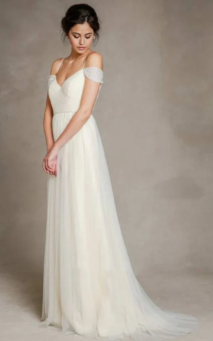 A-Line Off-the-Shoulder Spaghetti Straps Tulle Long Wedding Dress