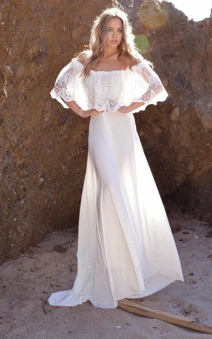 A-line Off-The-Shoulder Lace Jersey Dress With Embroideries Ruffles