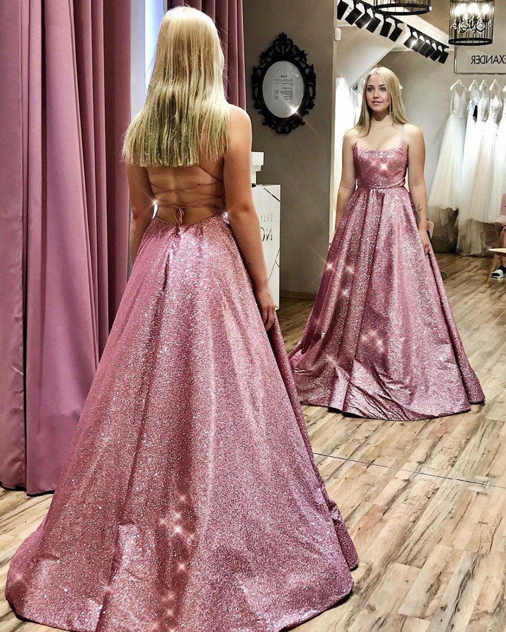 A line Sequins Backless Spaghetti Straps Pink formal dress Evening Prom Dresses
