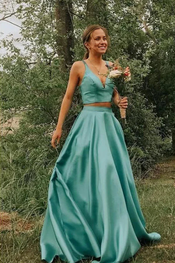 Two Piece Simple Ball Gown V-neck Satin Prom Dresses with Pockets
