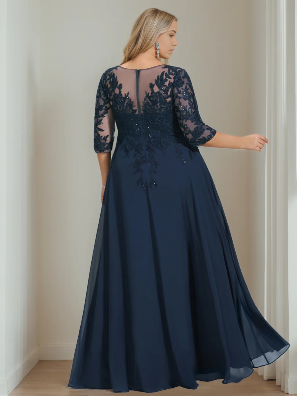 Plus Size A-Line Princess V-Neck Half Sleeves Floor-Length Mother of the Bride Dresses with Sequins