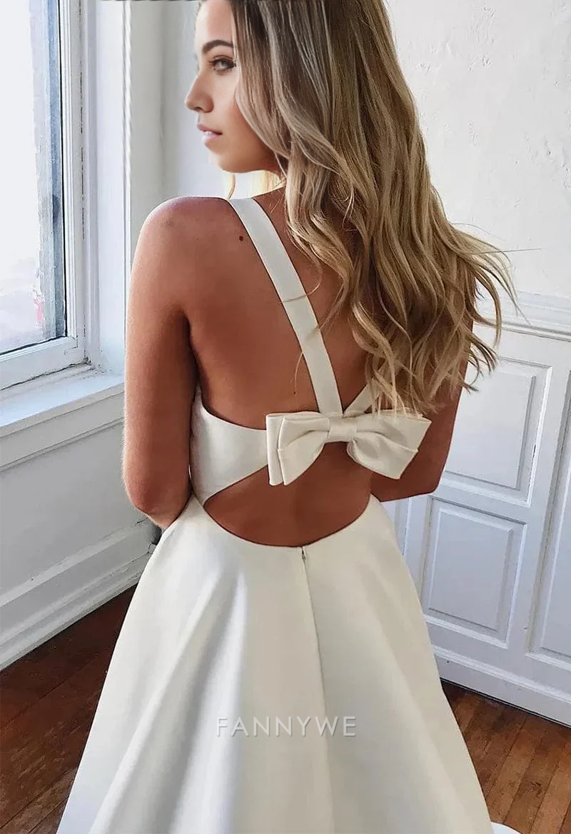 A-line Elegant trailing back bow White backless satin  long formal dresses Bridesmaid Dresses evening gown Prom Dress