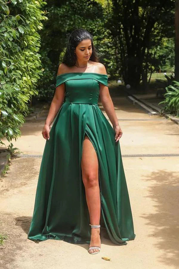 A-line Off-the-shoulder Neckline Satin Prom Dresses Evening Dresses