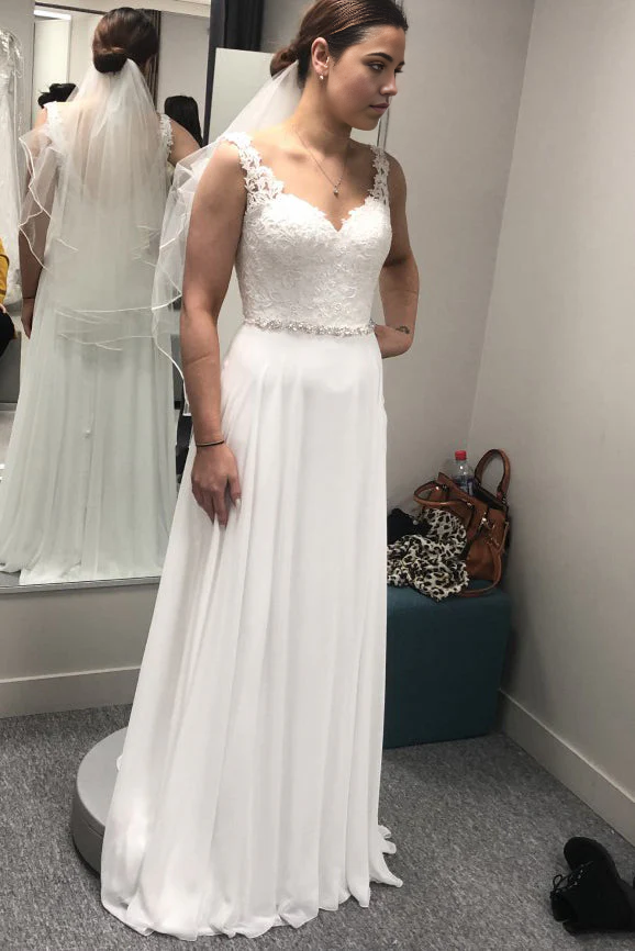 A Line Sweetheart Sleeveless Lace Top Wedding Dresses