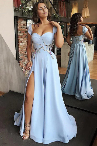 Sweetheart Neck Satin High Slit Evening Gown Prom Dresses
