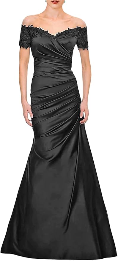 Mermaid Elegant Vintage Off-the-shoulder V-neck Satin Lace Ruffles Mother of the Bride Wedding Guest Dress