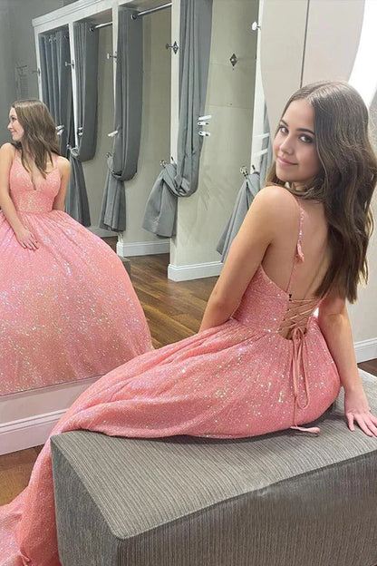 Vestido de fiesta con escote en A, lentejuelas, encaje, tirantes y bolsillos