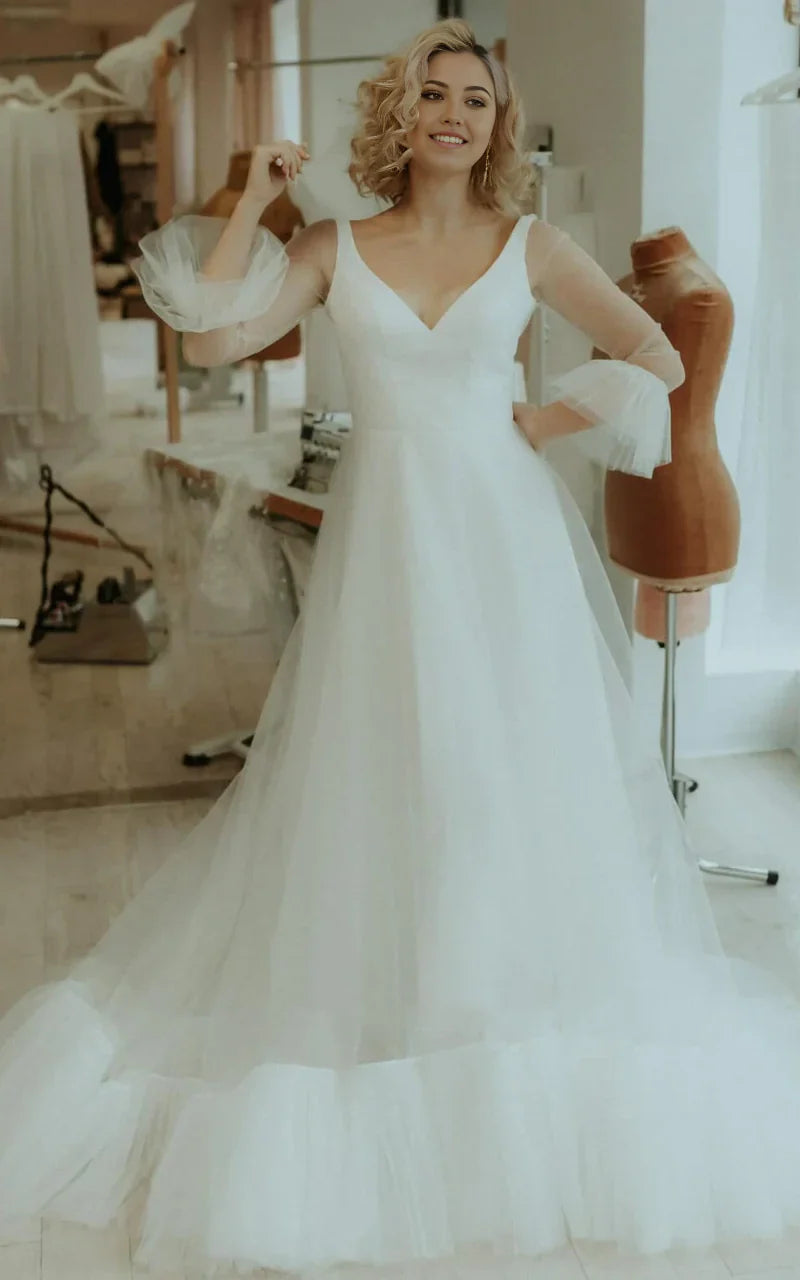 A Line Tulle V-neck Bell Simple Wedding Dress with Ruching