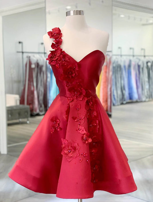 Vestido de fiesta de corte A, sin espalda, corto/mini, sin mangas, de satén con un solo hombro y apliques
