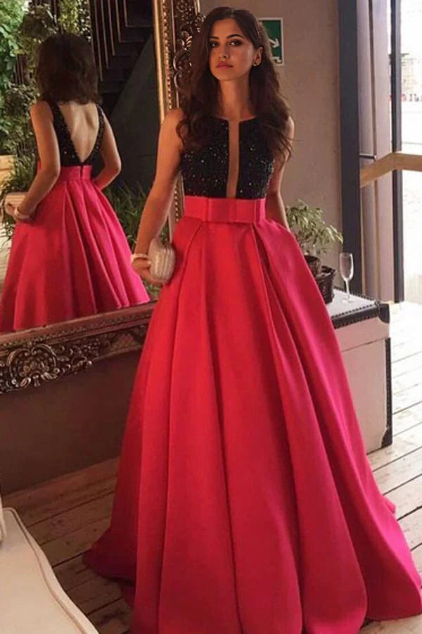 A-line Scoop Neck Satin Backless Long Prom Dresses with Sweep Train