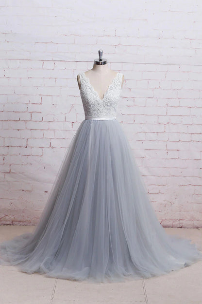 v neck lace tulle long prom dress