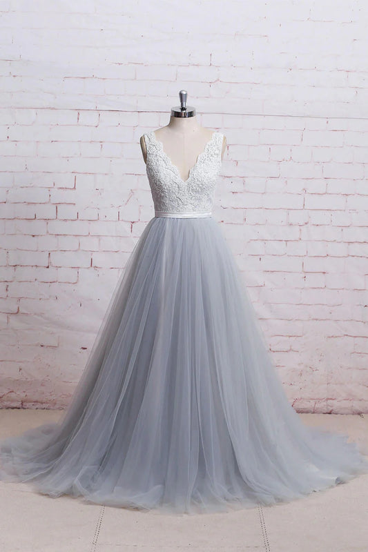 v neck lace tulle long prom dress