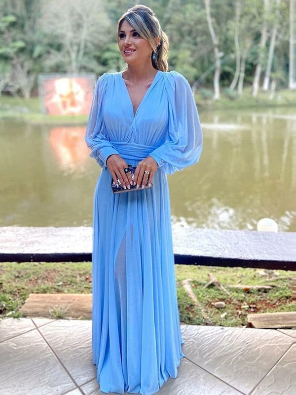 A-Line/Princess Chiffon Ruffles V-neck Long Sleeves Floor-Length Mother of the Bride Dresses