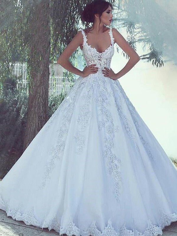 Ball Gown Spaghetti Straps Sleeveless Floor-Length With Applique Tulle Wedding Dresses