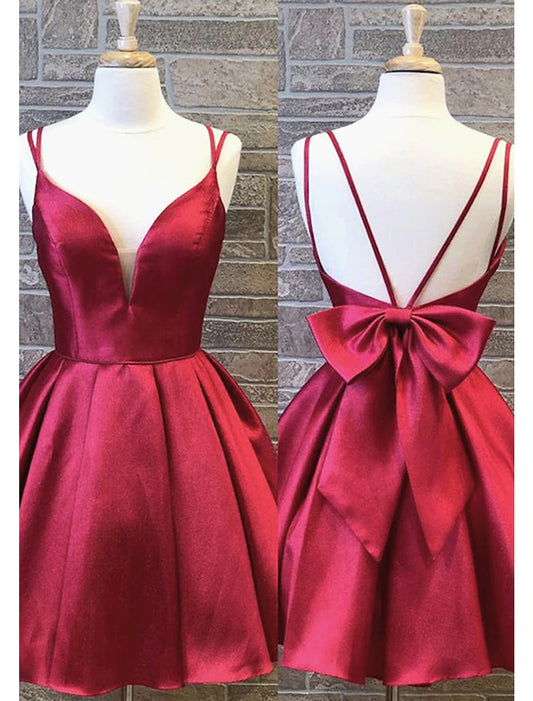 Vestidos de fiesta de corte A, sin espalda, cortos/mini, sin mangas, con tirantes finos, charmeuse y lazo(s).