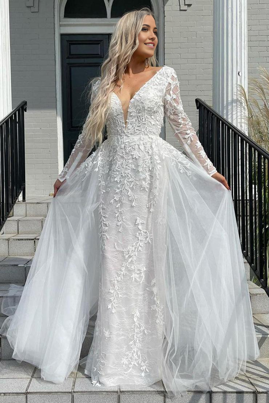 Mermaid V Neck Long Sleeves Backless Tulle Wedding Dresses